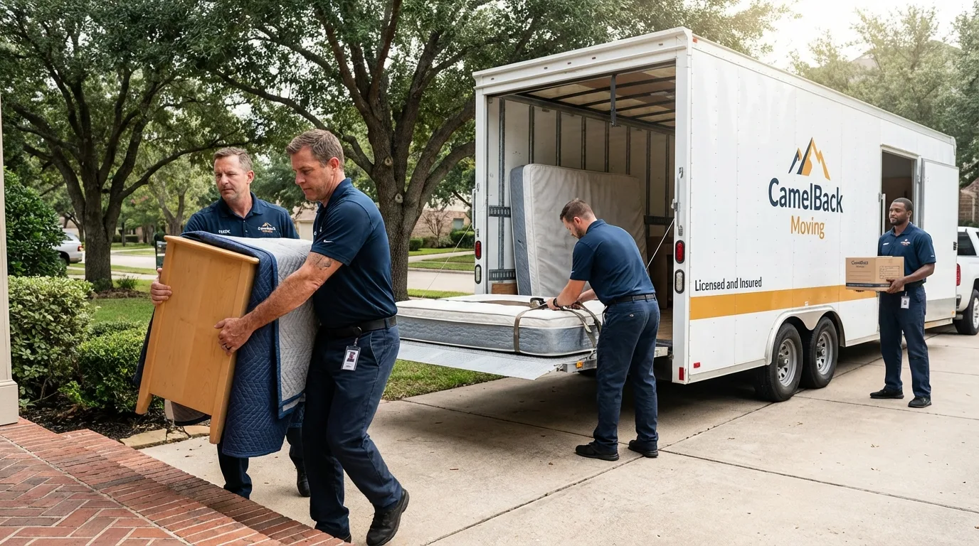 Crew loading residential truck for cross-state move from Sedan, KS