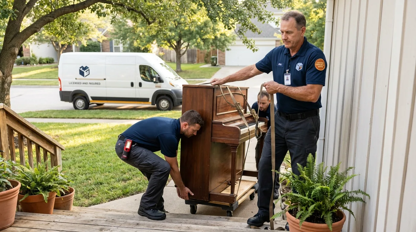 Licensed piano movers securing grand piano in Sedan, KS